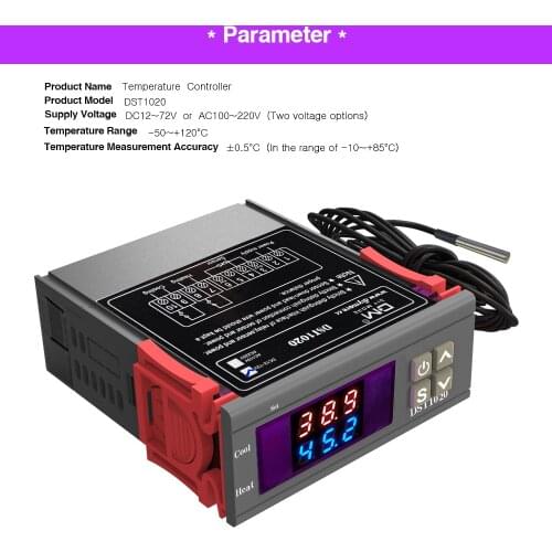 12V 24V DST1020 Dual LED Thermostat Temperature Controller Regulator High Accuracy DS18B20 Temperature Sensor Probe DC 12V-72V