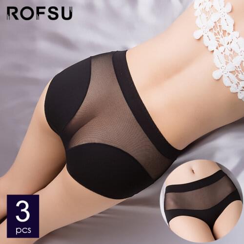 3Pcs Women Panties Sexy Translucent Lace Underwear High Elastic Briefs Mid Waist Breathable Mesh Intimates M-3XL Seamless Briefs