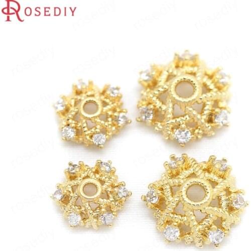 6PCS 9MM 11MM 24K Gold Color Brass with Zircon Snowflake Beads Caps High Quality Diy Jewelry Findings Accessories wholesale