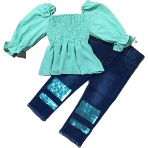 Girlymax Fall/Winter Mint Smocked Top Long Sleeve Baby Girls Ruffles Sequins Denim Jeans Pants Set Kids Clothing