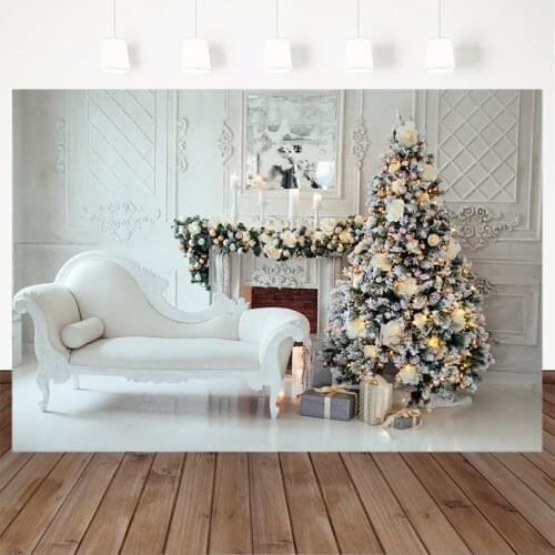 Christmas Theme Backdrop Christmas Tree Sofa Gifts Candle Fireplace White Photography Backdrop Party Decoration Props Printed