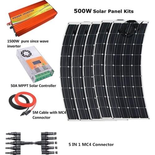5pcs 100W Flexible Solar Panel Module with 1500w inverter and 50A MPPT controller Houseuse Complete 600W Solar System Kit