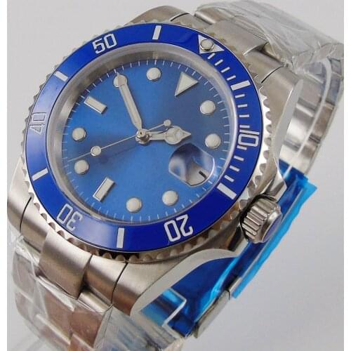 Blue Sterile sunburst Business Automatic Men Wristwatch 24 Jewels NH35 MIYOTA 8215 Magnifier Clear Glass Back Ceramic Insert