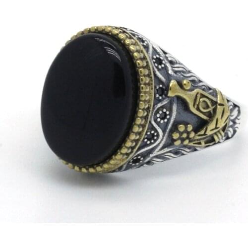 Vintage Men Agate Ring 925 Sterling Silver Natural Black Stone Rings Celebration Symbol for Male Fine Turkish Silver Jewelry