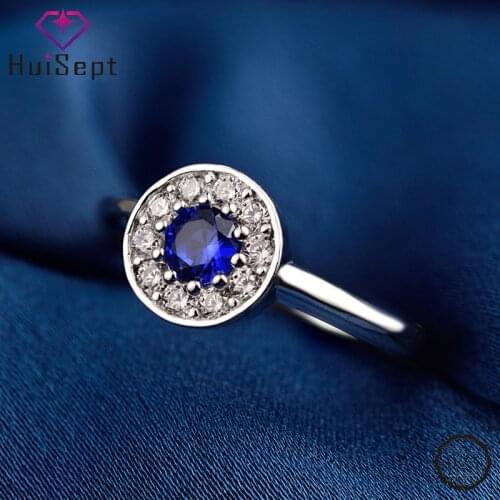 HuiSept Rings 925 Sterling Silver Jewelry Round Shape Sapphire Zircon Gemstone Open Finger Ring Ornament for Women Wedding Party