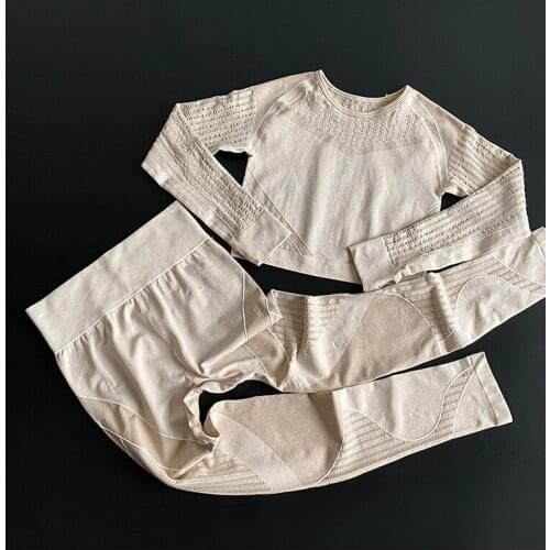 Women 2 Pcs Set Seamless Fitness Tracksuit Long Sleeve Women Sport Tights Leggings Sports Women Fitness Yoga Suit