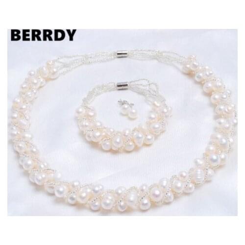 HOT CHEAP Real Freshwater Cultured Natural Pearl Necklace Bracelet Earrings Set Wedding Bridal Jewelry Set for Women Female