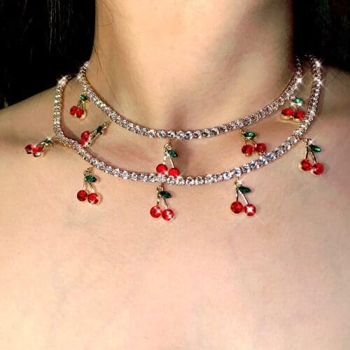 Trendy Shiny Cherry Crystal Pendant Necklace For Women Gold Silver Color Zircon 4mm Tennis Choker Necklace Party Jewelry Gift