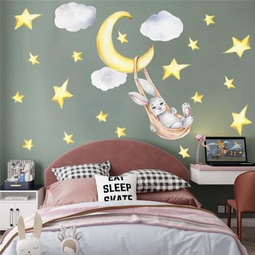 Cartoon Bunny Swing on the Moon Wall Stickers for Kids Room Wall decorative vinyl Wall Decals PVC Removable Rabbit Baby Stickers