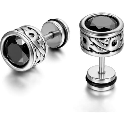 BONISKISS Mens Stainless Steel Stub Earrings Classic Boucle D'oreille Earring With Crystal Stones Charming Black Simple Jeweley