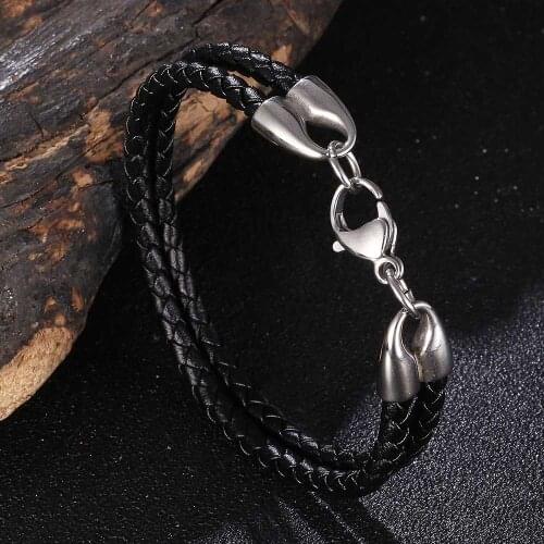 Fashion Double 4mm Braided Stainless Steel Lobster Clasp Genuine Leather Men Bracelet Bangles Dropshipping