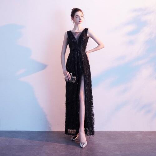 2019 New Women Sexy V-Neck Lace Backless Empire Dresses Ladies Sexy Grace Elegant High Split Dresses Every Party Size 6-16