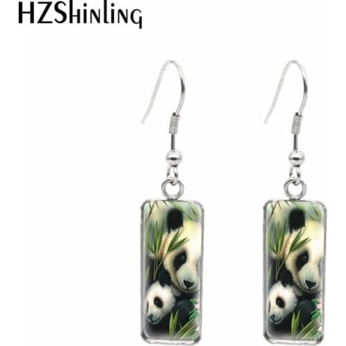 2021 New Little Panda Rectangular Earring Cute Animal Fish Hook Earrings Glass Cabochon Handmade Jewelry