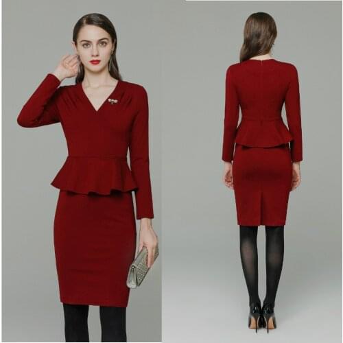 New long sleeve stretch cotton high quality Ruffle fashion V-neck professional tight wine red dress women