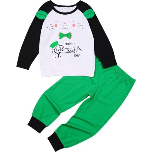 3-6 Years Little Boys Saint Patrick Printed 2Pcs Clothes Suit, Long Sleeve Cartoon Pullover Sweatshirt and Elastic Long Pants