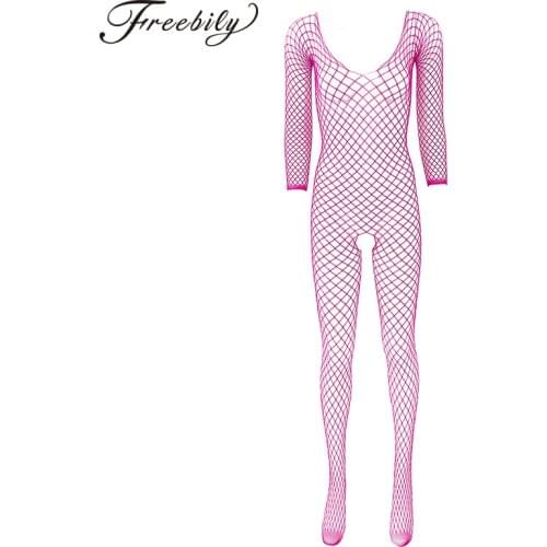 Sexy Bodystockings Women Fishnet Open Crotch Catsuit Long Sleeves Mesh Lingerie Erotic Bodysuit Closed Toes Full Body Stocking