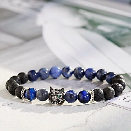 Classic Leopard Head Beaded Bracelet Homme Men Fashion Natural Stone Blue Onyx Beads Bracelets Pulsera Hombre