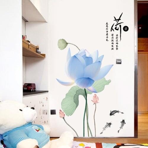 Blue Ink Lotus Wall Stickers Flowers Chinese Style Home Office Decor Wall Decals Living Room Bedroom Decor Aesthetic Wallpaper