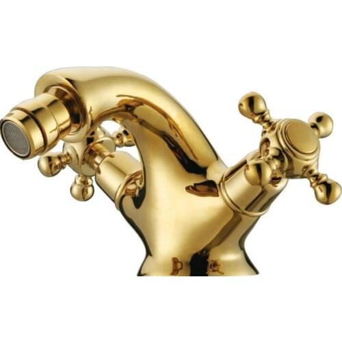 Free ship Singe hole double handles bathroom bidet faucet mixer tap Gold clour