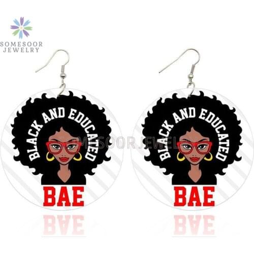 SOMESOOR Black And Educated BAE Woman Wooden Drop Earrings Afro Curls Natural Hair Design Printed Wood Dangle For Women Gifts