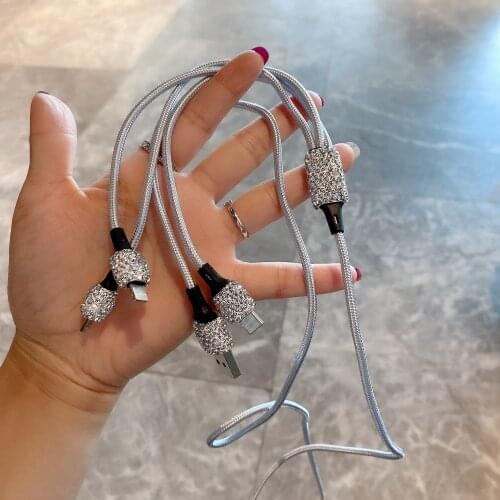 Sparkling 3in1 Data USB Cable with Rhinestone for IPhone IPad Fast Charger Charging Cable for Android Phone Type C Charger Wire