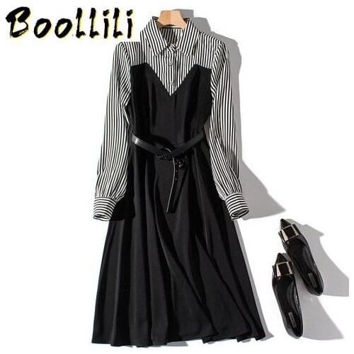Boollili Vintage Elegant Shirt Midi Dress Women Clothes 2020 Srping Long Sleeve Office Dress Ladies Dresses Black Dress Vestidos