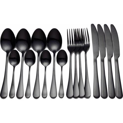 Mirror Black Cutlery Set Fork Knife Spoon Dinnerware Set16Pcs Kitchen Tableware Cutlery Set Stainless Steel Western Dropshipping