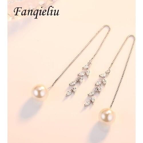 Fanqieliu Retro Fine Jewelry Olive Leaf Crystal Dangle Earrings Women Long 925 Sterling Silver Pearl Drop Earrings FQL193265
