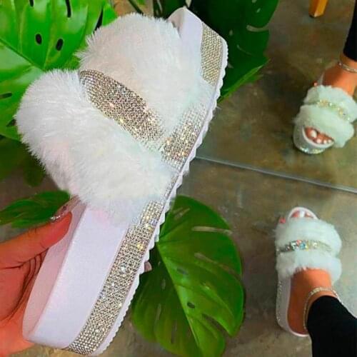 2021 TGHDOF Womens Plush Slippers Fur Slides Rhinestones Outdoor Flat Women Platform Sandals Fluffy Casual Shoes Furry Slides