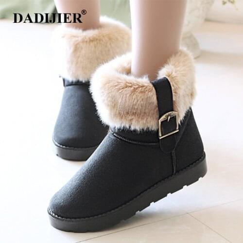 Womens Winter Warm Classic buckle Snow Boots Ladies Fur Suede Flat Black Shoes Female Fashion Footwear ST315