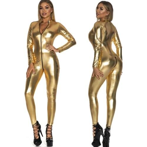 Womens Gold Sliver Black Sexy Faux Leather Tight Jumpsuit Long Sleeve Zippper Open Crotch Bodysuit Nightclub Pole Dance Costume