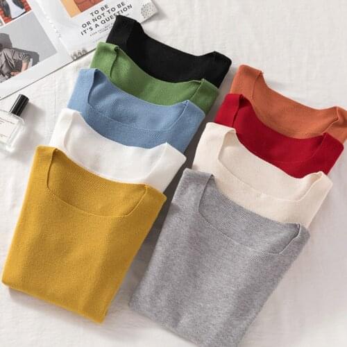 WWENN Long Sleeve Autumn Women Pullover Knitted Sweater Square Collar Sweaters Korean Winter Slim Pull Knitwear Casual Tops