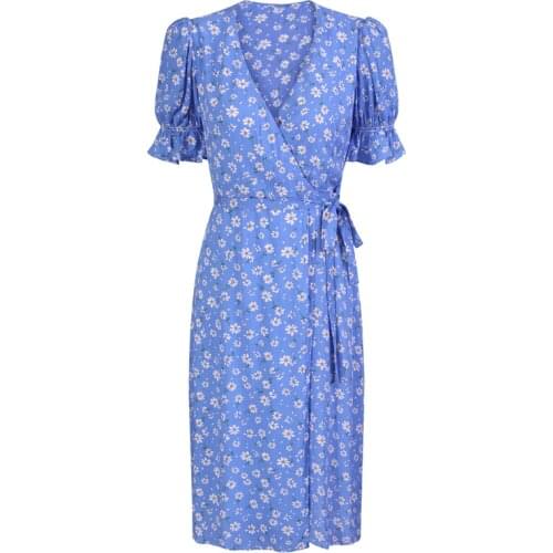 Summer womens casual flower print V-neck short-sleeved belt decorated dress