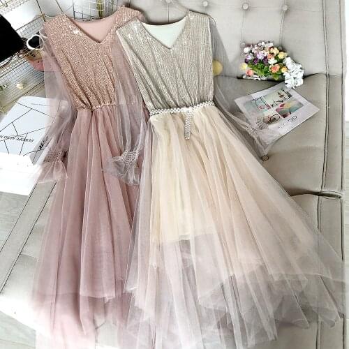 Women Flare Sleeve Bling Sequined Pearl Bead Belt Ruffles Dress Vintage Elastic Slim Pullover Irregular Mesh Gauze Voile Dresses