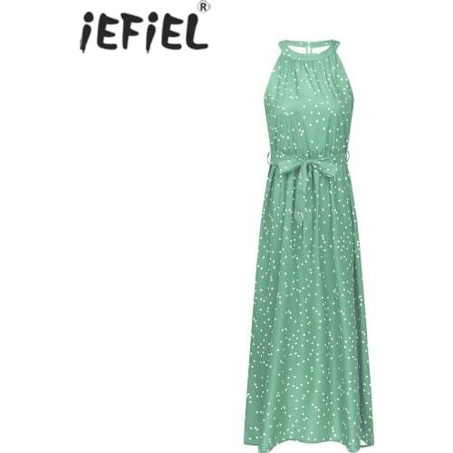 Women Summer Stand Collar Sleeveless Halter Neck Bandage with Button Polka Dots Print Button Polka Dots High Waist Party Dress