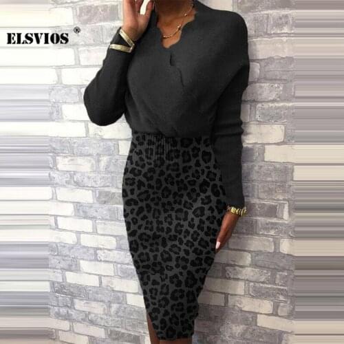 Autumn Winter Fashion Leopard Print Solid Color V Neck Women knitted Dress Casual Patchwork Long Sleeves Pullover Elegant Dress