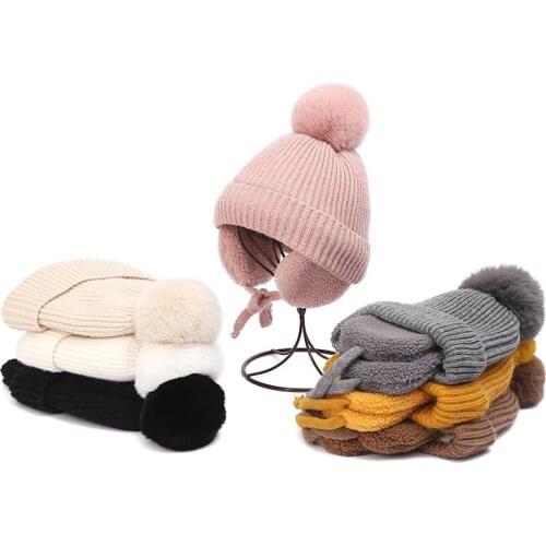 KENSHELLEY Winter Childrens Knitted Hat Fashion Boys And Grils Baby Warm Ear Protection Lovely Wool Ball Beanies