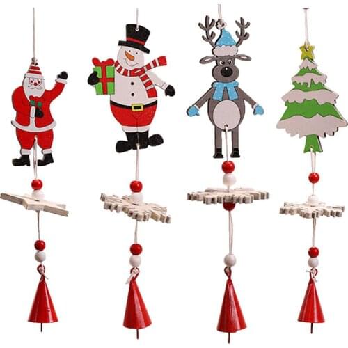 1PCS Christmas Hanging Doll Wooden Cartoon Snowflake Bell Wind Chimes String For Indoor Outdoor Decoration