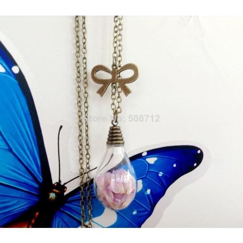 2014 New Water drop glass globe necklace,Wishing bottle,Pink Flowers,Glass Bottle Pendant - Botanical Jewelry,daughter gift