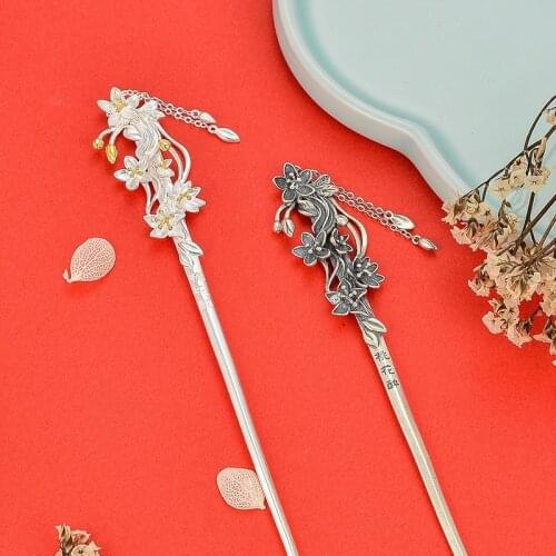 925 Sterling Silver Hair Stick Peach Blossom Flower Tassel Hair Pins Vintage Handmade Luxury Jewelry