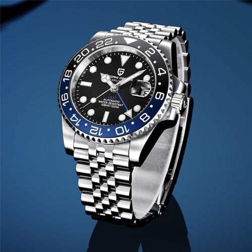PAGANI DESIGN Mens Automatic WatchTop brand Sapphire Glass Stainless Steel MechanicalWatch 100M Waterproof GMT Mens Watch