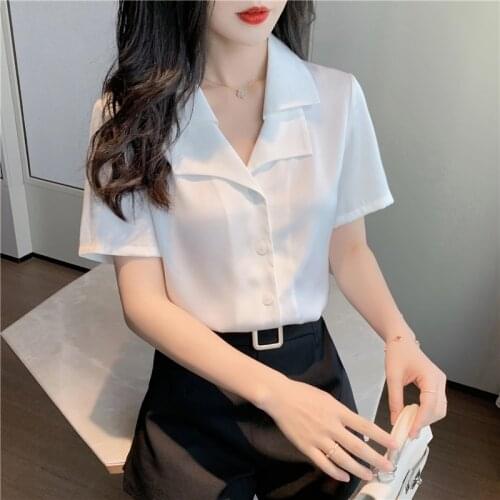 Elegant Ol Professional White Shirt Womens Design Sense Niche Suit Collar Lapel Short Sleeve Chiffon Shirt Summer Thin
