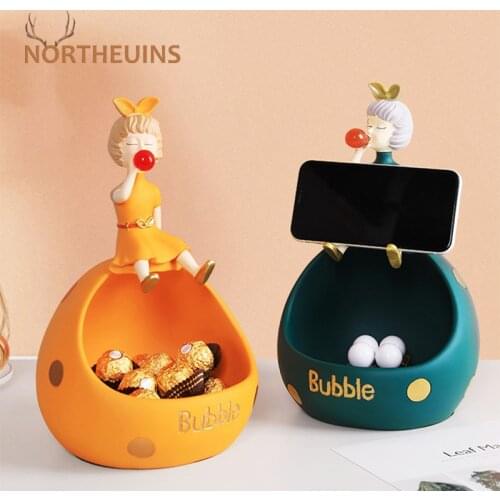 NORTHEUINS Resin Bubble Girl Storage Figurines Beauty Mobile Phone Holder Desktop Entrance Key Storage Nordic Home Decoration