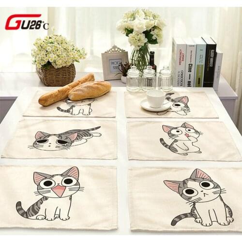 Cotton Linen Table Mat Cute Cat Cartoon Animal Pattern Placemats For Children Kids Kitchen Dining Place Mats Pads