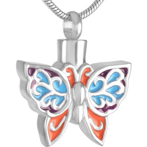 IJD9403 Multicolor Enamel Butterfly Cremation Necklace Ahes Holder Keepsake Stainless Steel Memorial Urn Jewelry for Pet