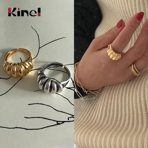 Kinel 925 Sterling Silver Concave Convex Wide 18K Gold Ring High Quality Minimalist Rings for Woman Jewelry