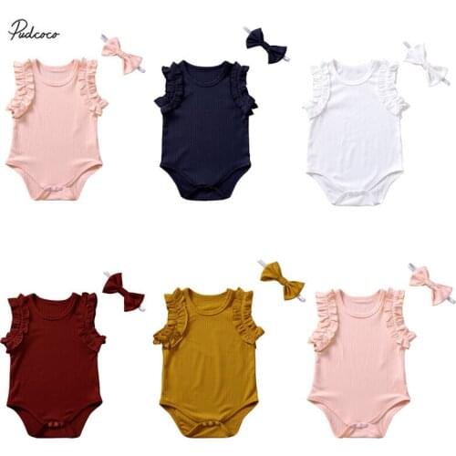 2020 0-18M 5 Colors Baby Solid Color Jumpsuits Fashion Summer Cute Lacy Sleeveless Vest Triangle Romper and Headband Cotton 2pcs