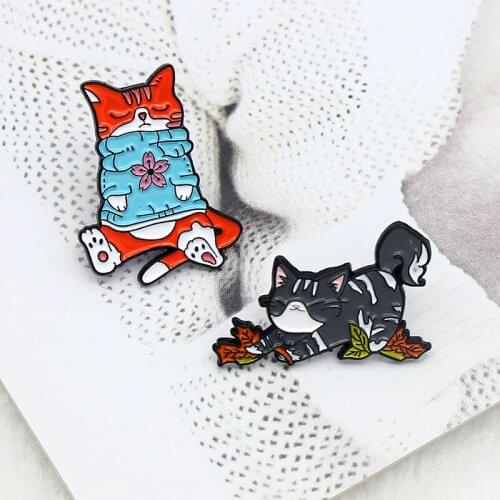 Creative Cartoon Lazy Cat in A Blue Sweater With Closed Eyes and Meditation Grey Cat Stretching Antics Brooch Backpack Badge