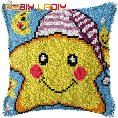Latch Hook Cushion Lucky Star Pillow Case Pre-Printed Color Canvas Acrylic Yarn Latched Hook Pillow Crochet Cushion Cover Kits