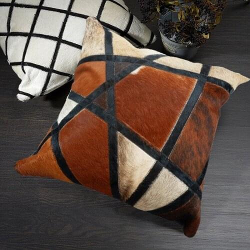 Square cowhide fur pillow cushion without core , natural brown color hand made real cow leather throw for furniture upholstery